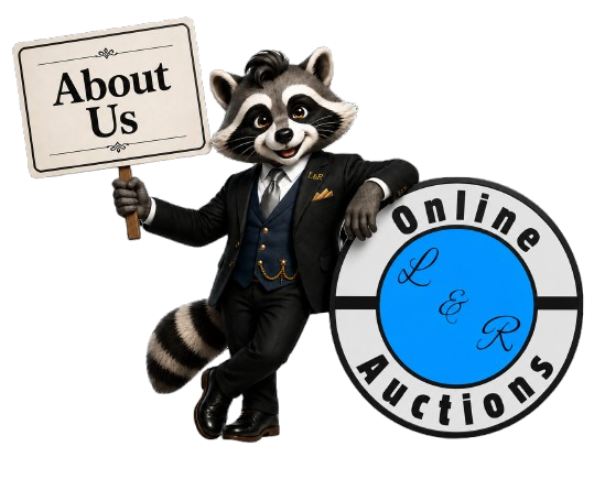 BidBeeny Bandit holding an About Us sign beside the L&R Online Auctions logo