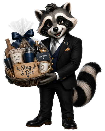 BidBenny Bandit holding a gift basket