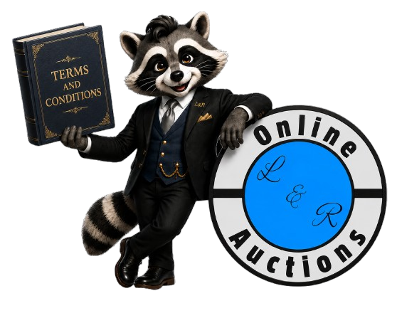 BidBeeny Bandit holding the Terms and Conditions book beside the L&R Online Auctions logo